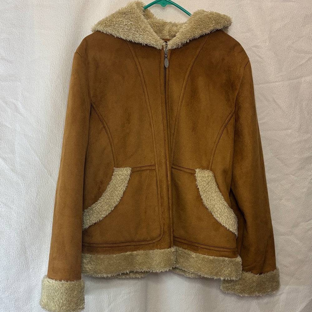 Mudd Faux Suede Sherpa Lined Hooded Jacket Brown Size XL
